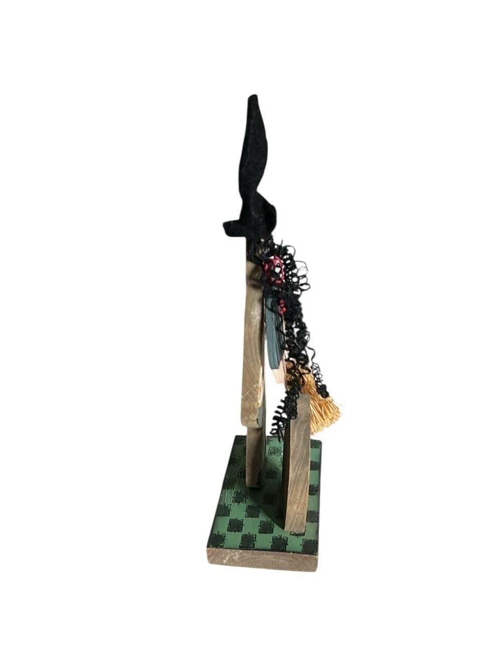 Wooden Halloween Good Witch Figurine with Curly Black Hair and Broom 11” - Picture 4 of 9